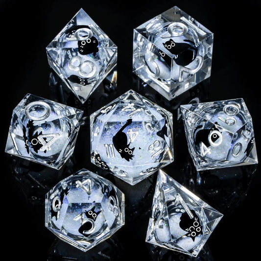 DND Cat Dice Set, Sharp Edge Resin Liquid Core Dungeon and Dragon Dice Set, RPG Role Playing D and D Dice D20 D12 D10 D8 D6 D4