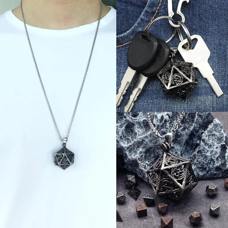 Antique Iron Mini Metal DND Dice Set with D20 Necklace and Portable Keychain Case – Perfect for Gamers!