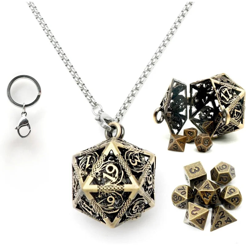 Antique Iron Mini Metal DND Dice Set with D20 Necklace and Portable Keychain Case – Perfect for Gamers!