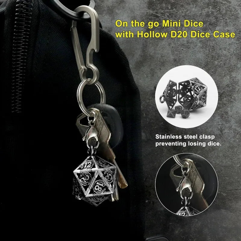 Antique Iron Mini Metal DND Dice Set with D20 Necklace and Portable Keychain Case – Perfect for Gamers!