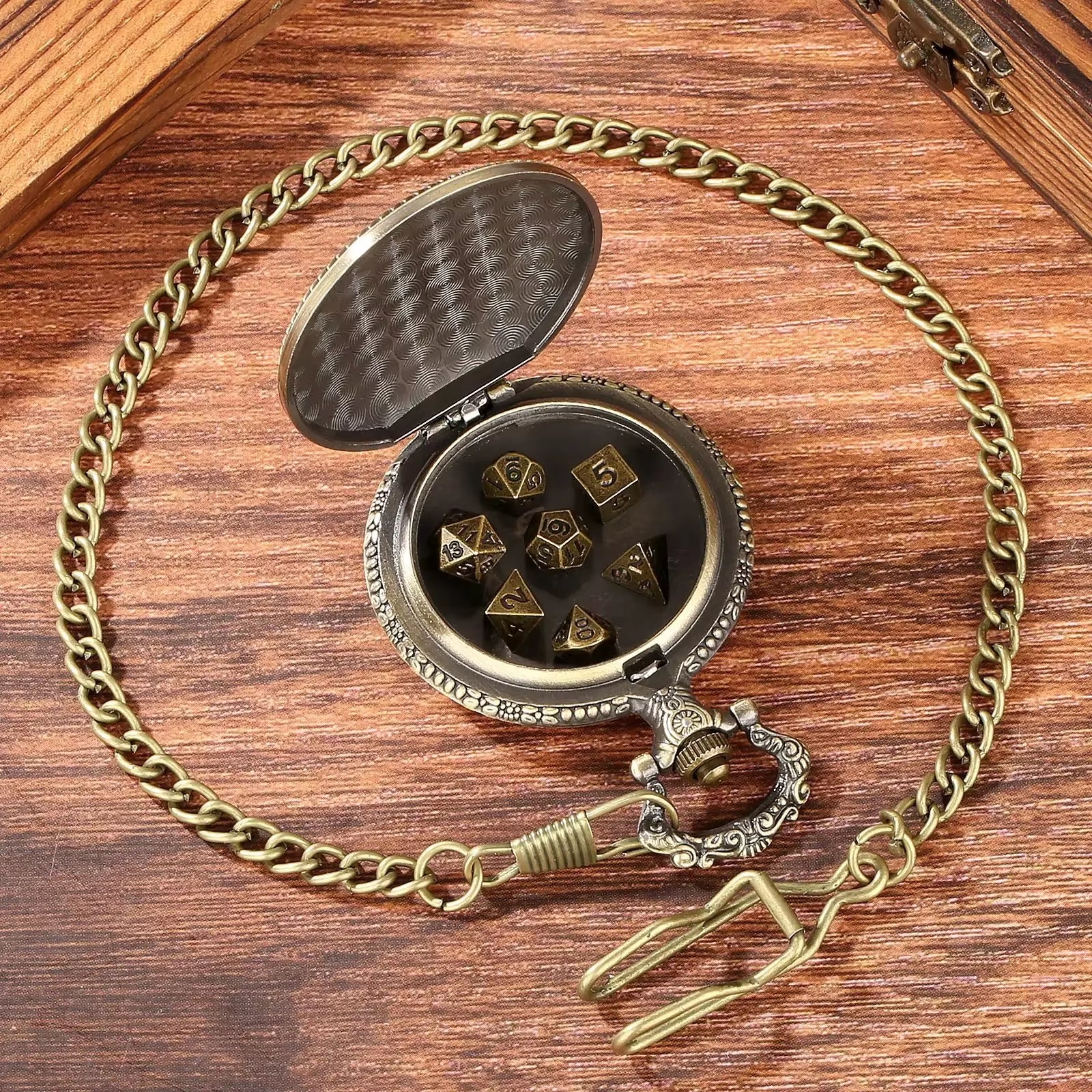 Dragon Pocket Watch Case with 7 Metal Polyhedral Dice - Retro Flip Dinosaur Jewelry Case for DND Adventures