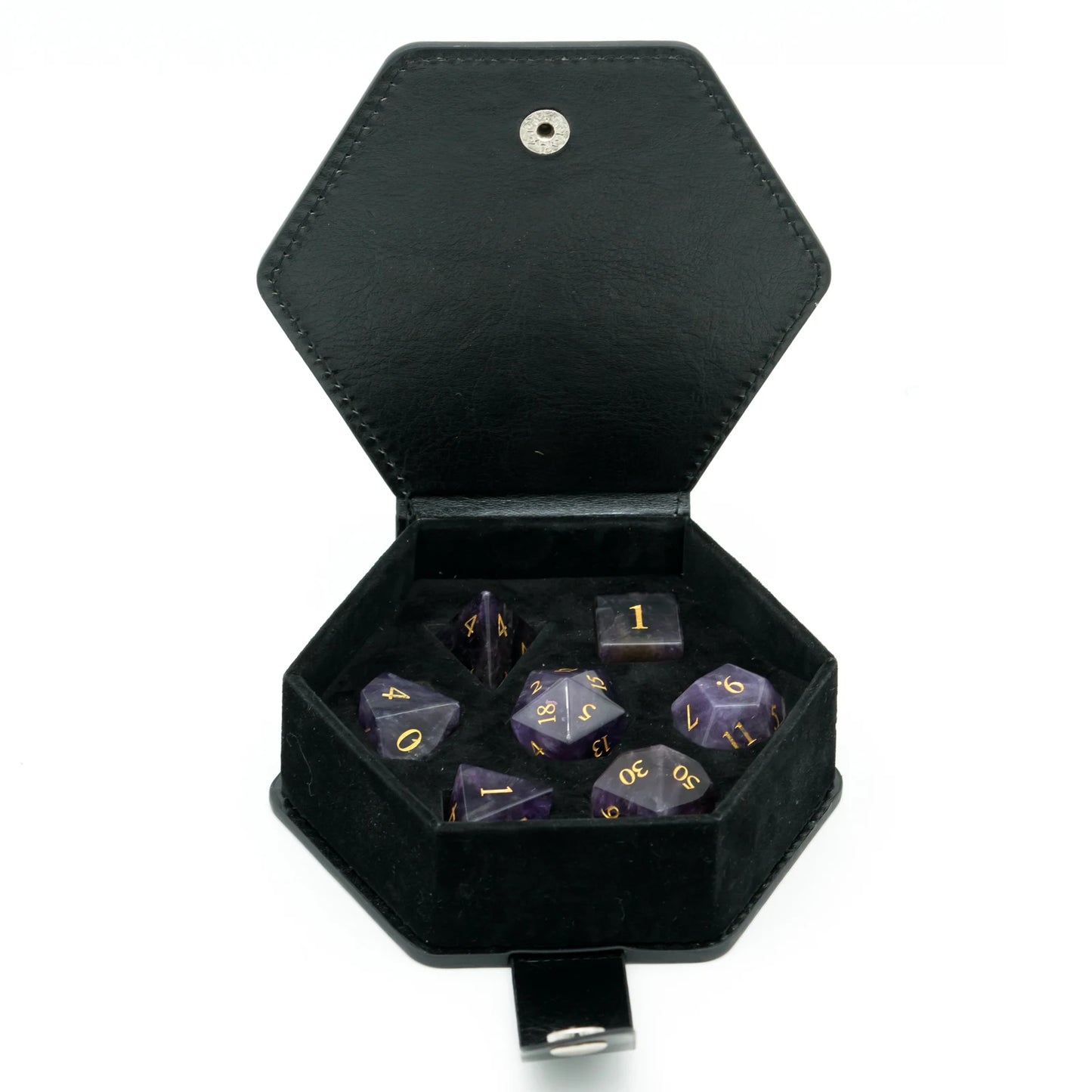 Stunning Handmade Amethyst Polyhedral Dice Set - 7pcs 16mm with Elegant Leather Box for D&D and RPG Collectors