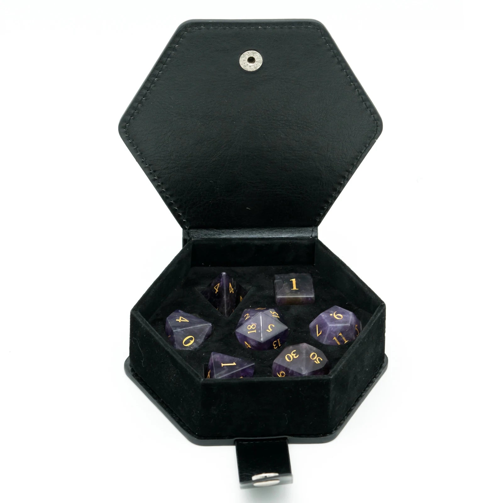 Stunning Handmade Amethyst Polyhedral Dice Set - 7pcs 16mm with Elegant Leather Box for D&D and RPG Collectors