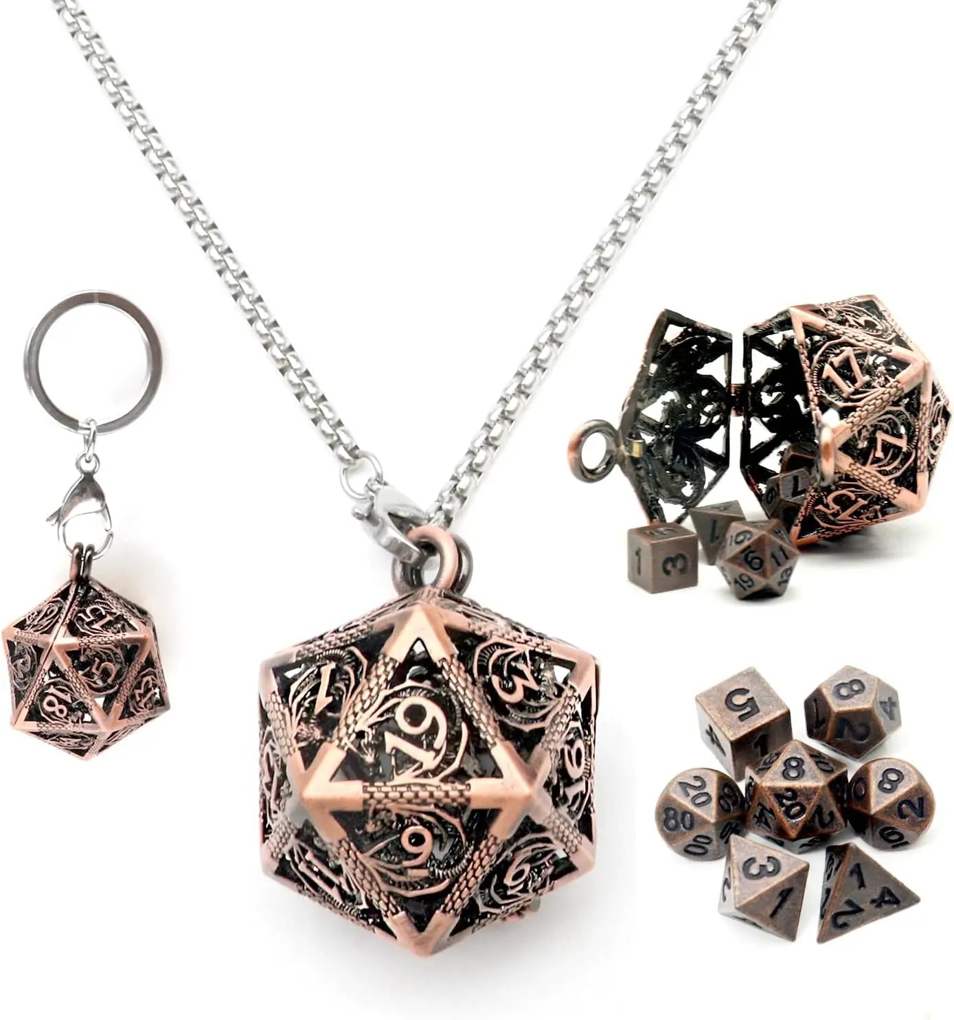 Antique Iron Mini Metal DND Dice Set with D20 Necklace and Portable Keychain Case – Perfect for Gamers!