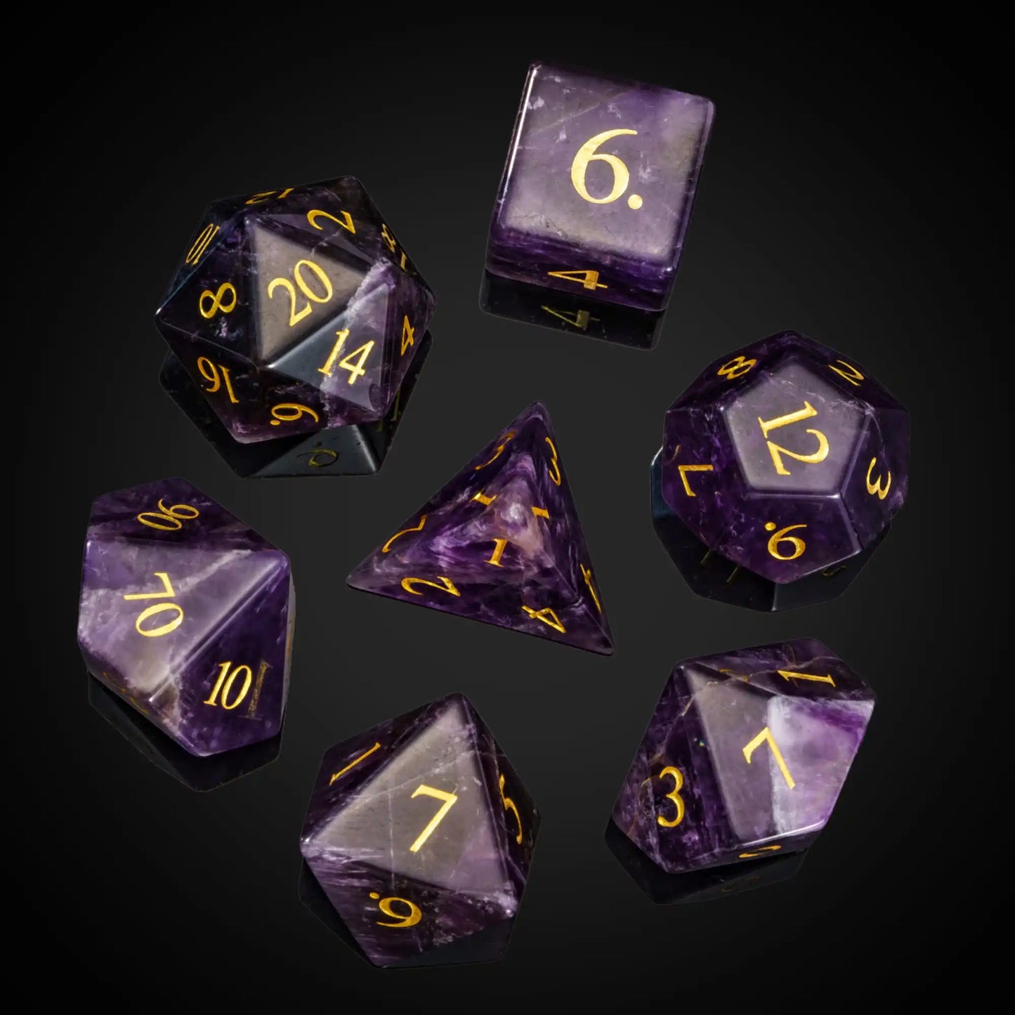 Stunning Handmade Amethyst Polyhedral Dice Set - 7pcs 16mm with Elegant Leather Box for D&D and RPG Collectors