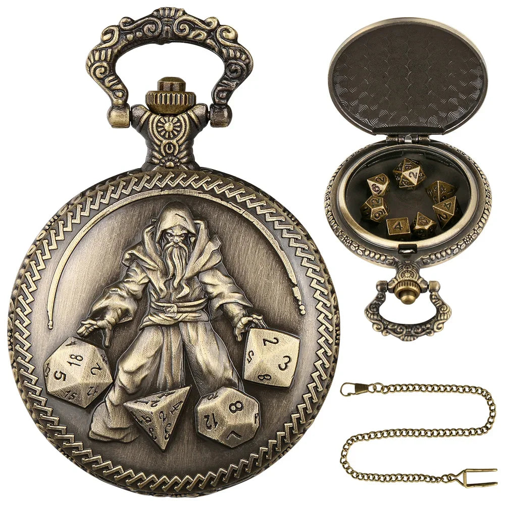 Steampunk Warlock Mini DND Dice Set - 7Pcs Polyhedral Metal Dice with Pocket Watch Shell Case for Dungeons & Dragons