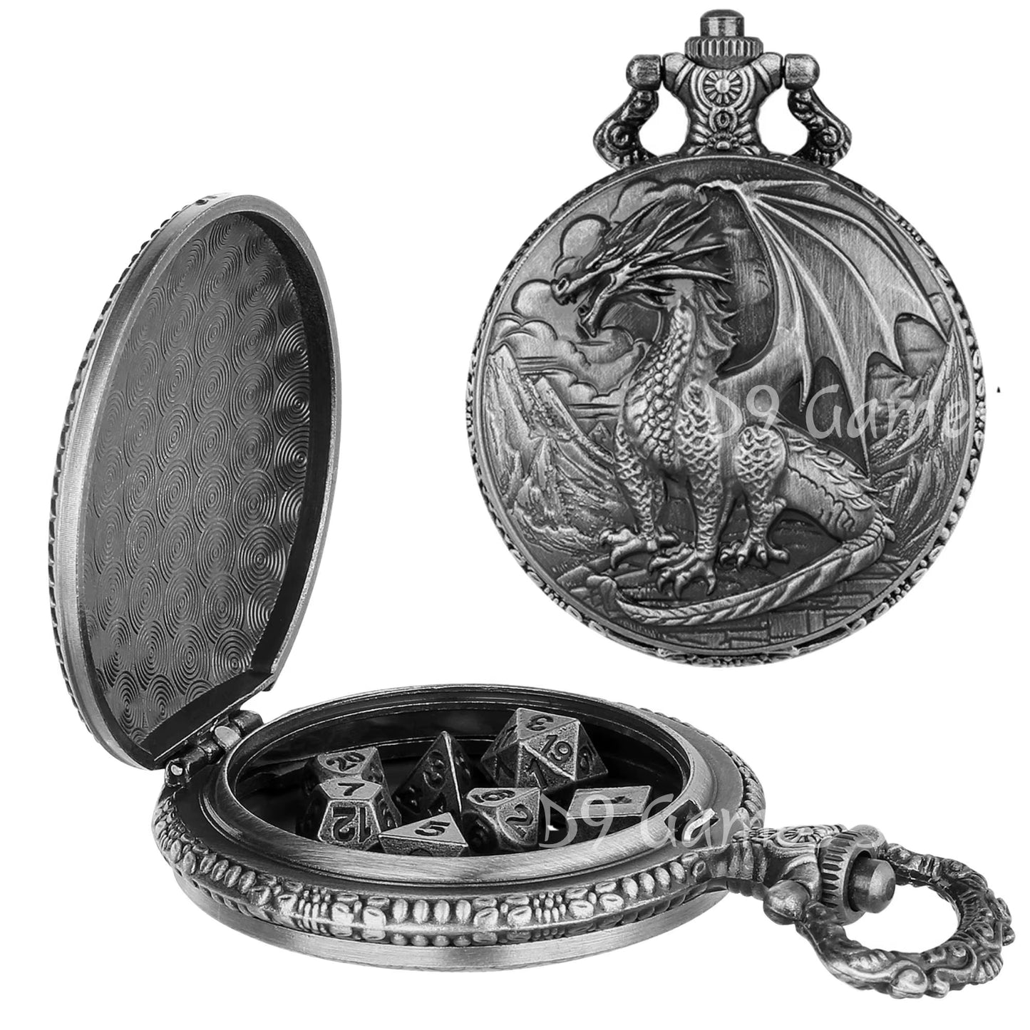 Dragon Pocket Watch Case with 7 Metal Polyhedral Dice - Retro Flip Dinosaur Jewelry Case for DND Adventures