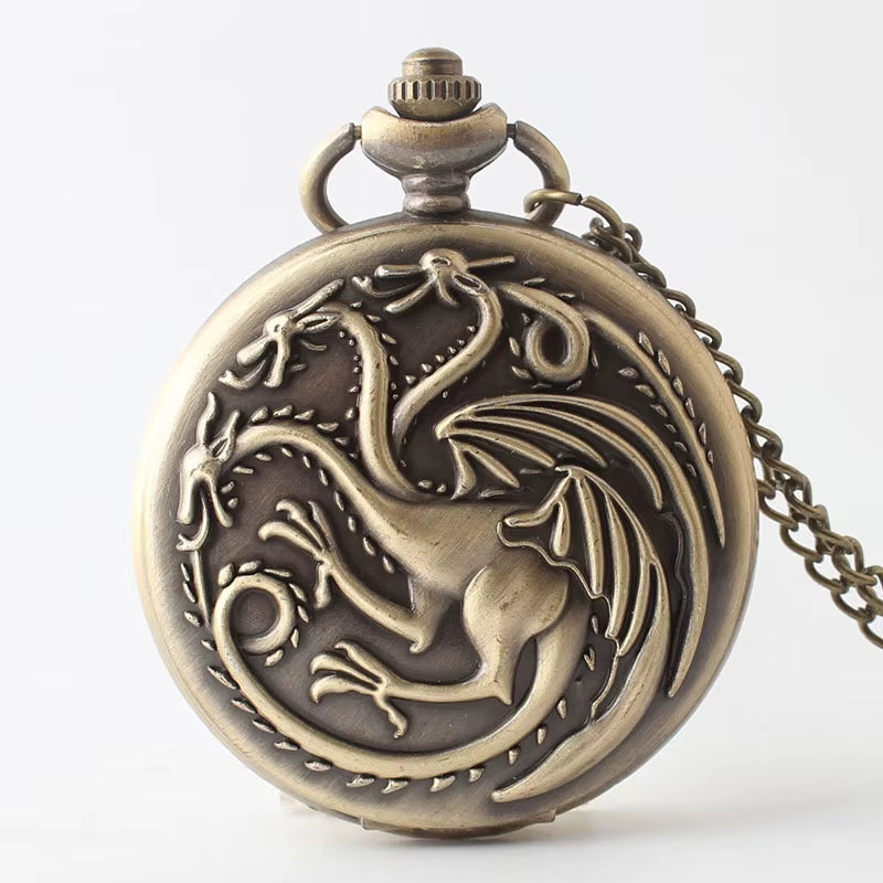 Dragon Pocket Watch Case with 7 Metal Polyhedral Dice - Retro Flip Dinosaur Jewelry Case for DND Adventures