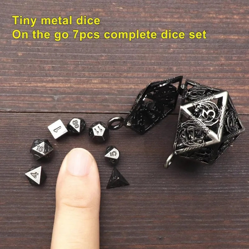 Antique Iron Mini Metal DND Dice Set with D20 Necklace and Portable Keychain Case – Perfect for Gamers!