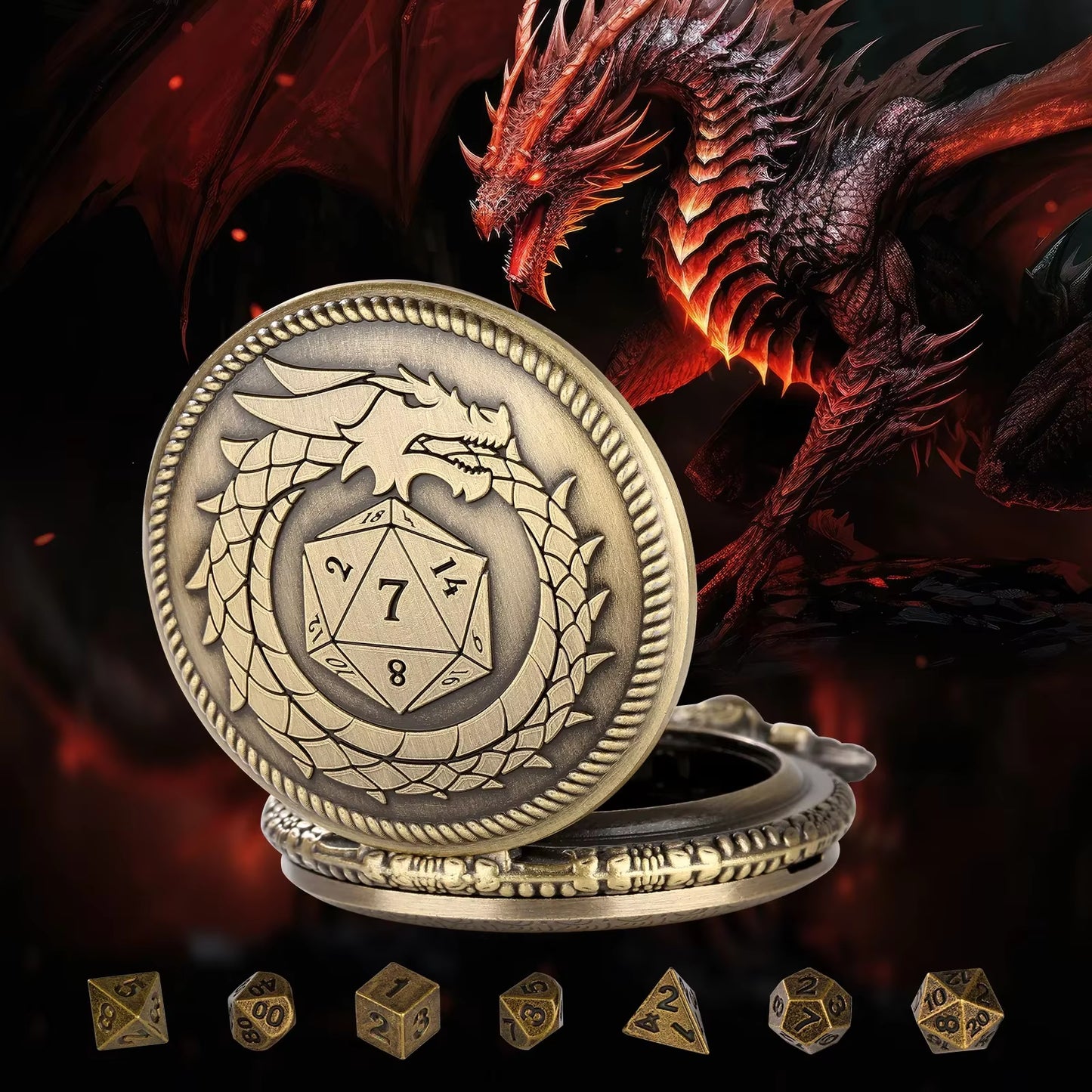Dragon Pocket Watch Case with 7 Metal Polyhedral Dice - Retro Flip Dinosaur Jewelry Case for DND Adventures