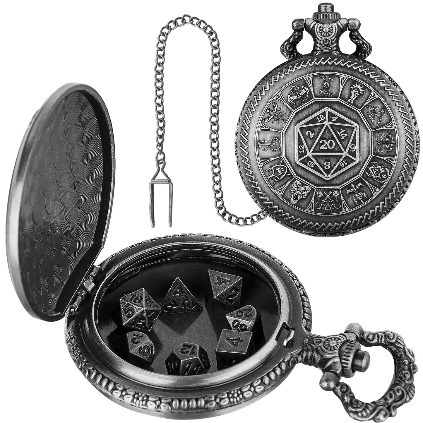 Steampunk Warlock Mini DND Dice Set - 7Pcs Polyhedral Metal Dice with Pocket Watch Shell Case for Dungeons & Dragons