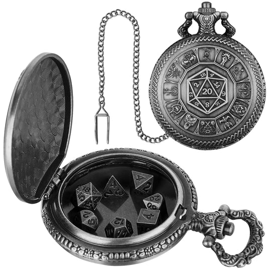 Steampunk Warlock Mini DND Dice Set - 7Pcs Polyhedral Metal Dice with Pocket Watch Shell Case for Dungeons & Dragons