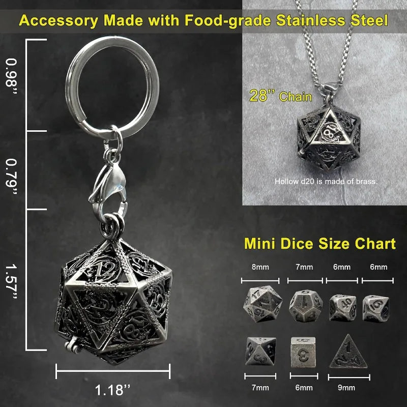 Antique Iron Mini Metal DND Dice Set with D20 Necklace and Portable Keychain Case – Perfect for Gamers!