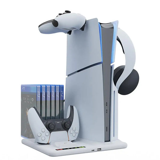 PS5 Slim Vertical Stand with Controller Charging Dock and Cooling Fan - Essential Accessory for PlayStation 5 Console - حامل عمودي لجهاز بلايستيشن 5 مع قاعدة شحن يد التحكم ومروحة تبريد