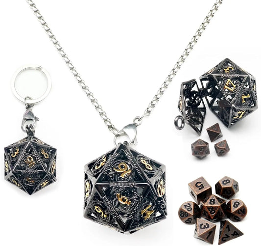 Antique Iron Mini Metal DND Dice Set with D20 Necklace and Portable Keychain Case – Perfect for Gamers!