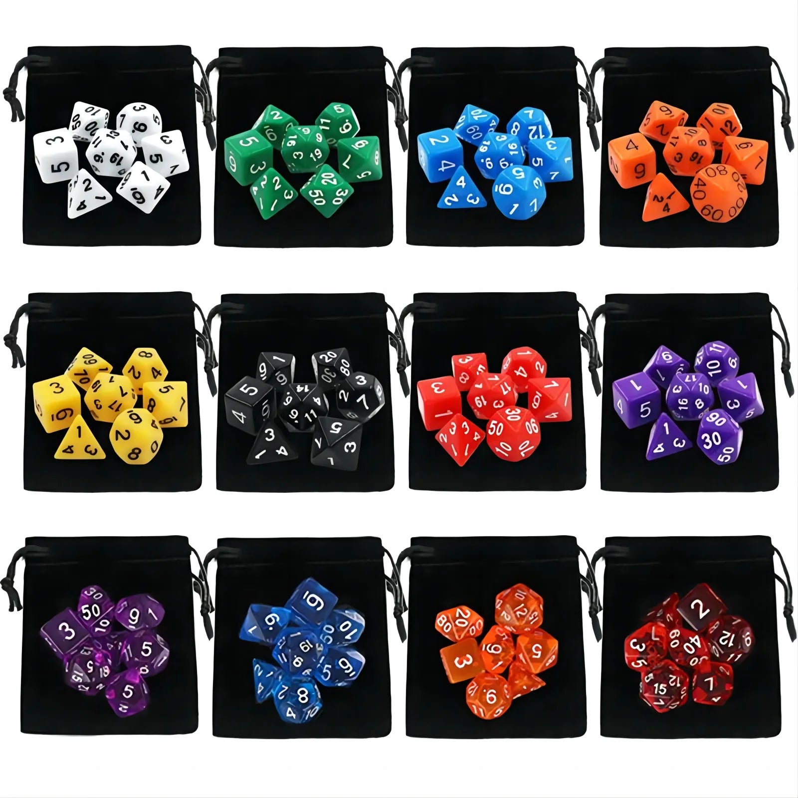 Colorful 7-Piece D&D Dice Set with Velvet Bag - Perfect for Board Games, RPGs & D&D - نرد 7 قطع مع شنطتها